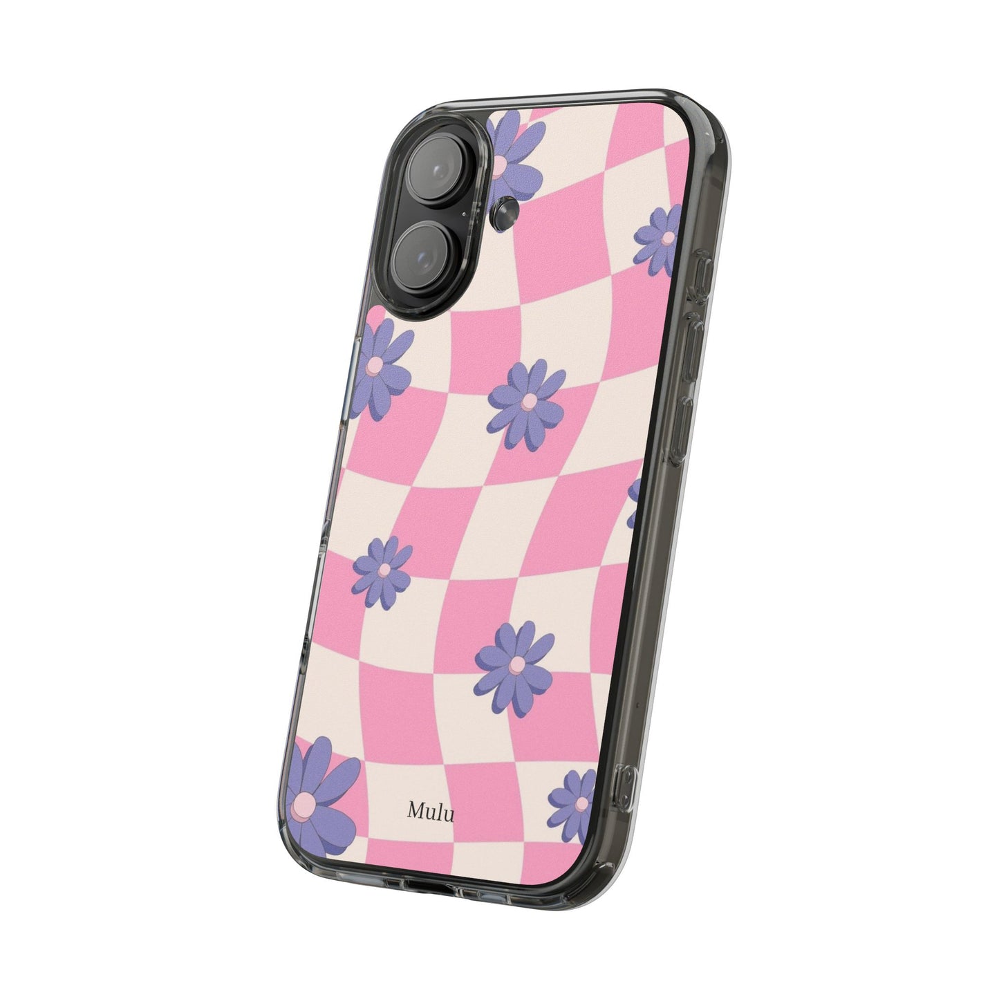 Clear Impact Phone Case — Pink Checkerboard with Purple Flowers
