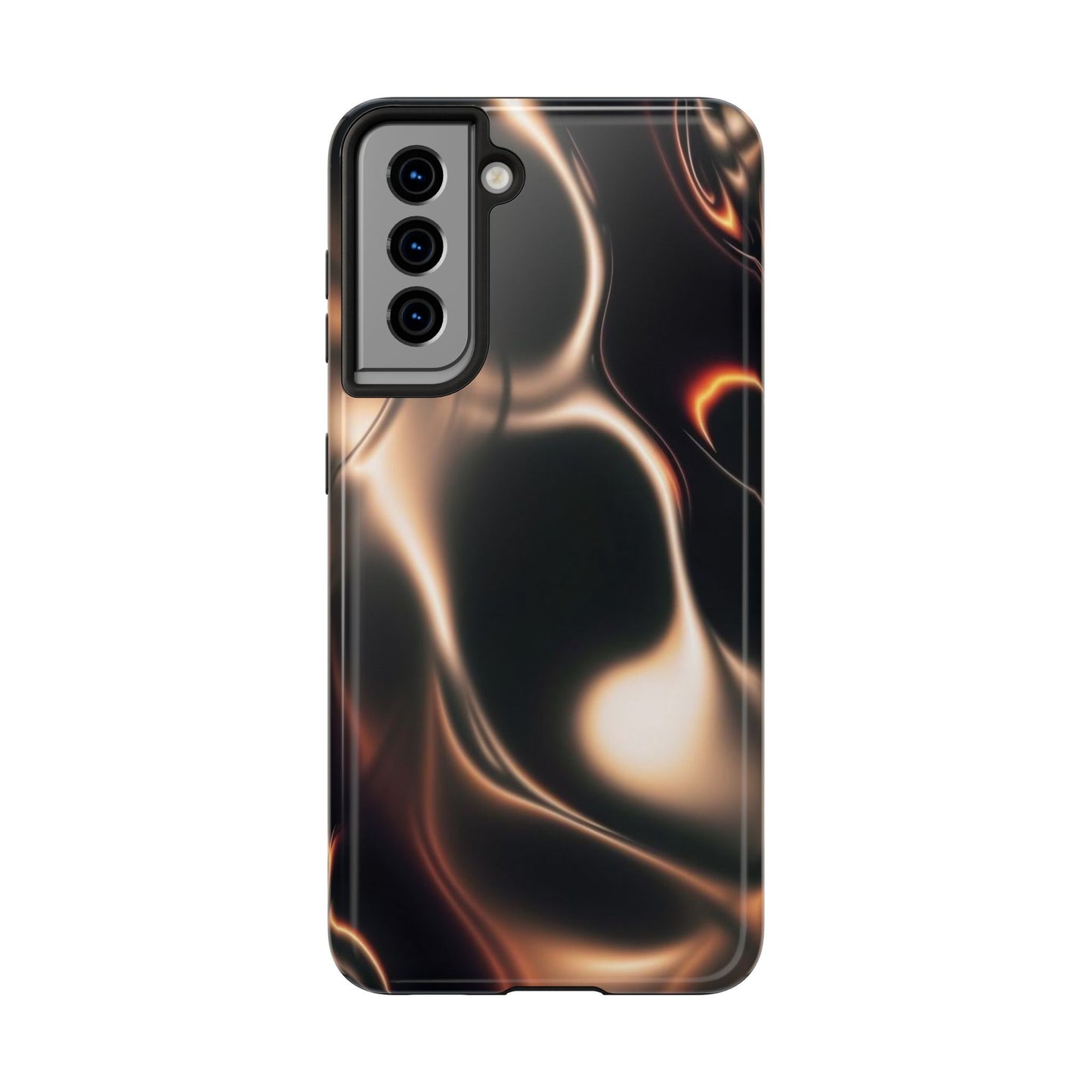 Abstract Liquid Glow Tough Phone Case — Black & Bronze Swirl Protective Cover