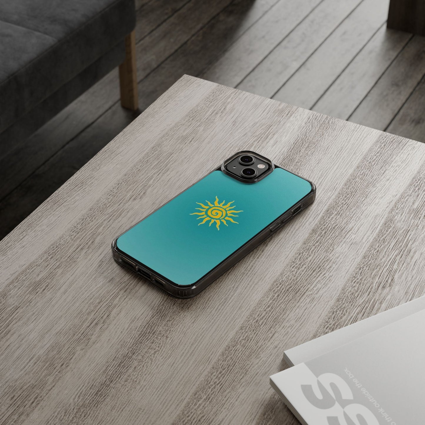 Clear Impact-Resistant Phone Case — Yellow Sun on Teal Gradient