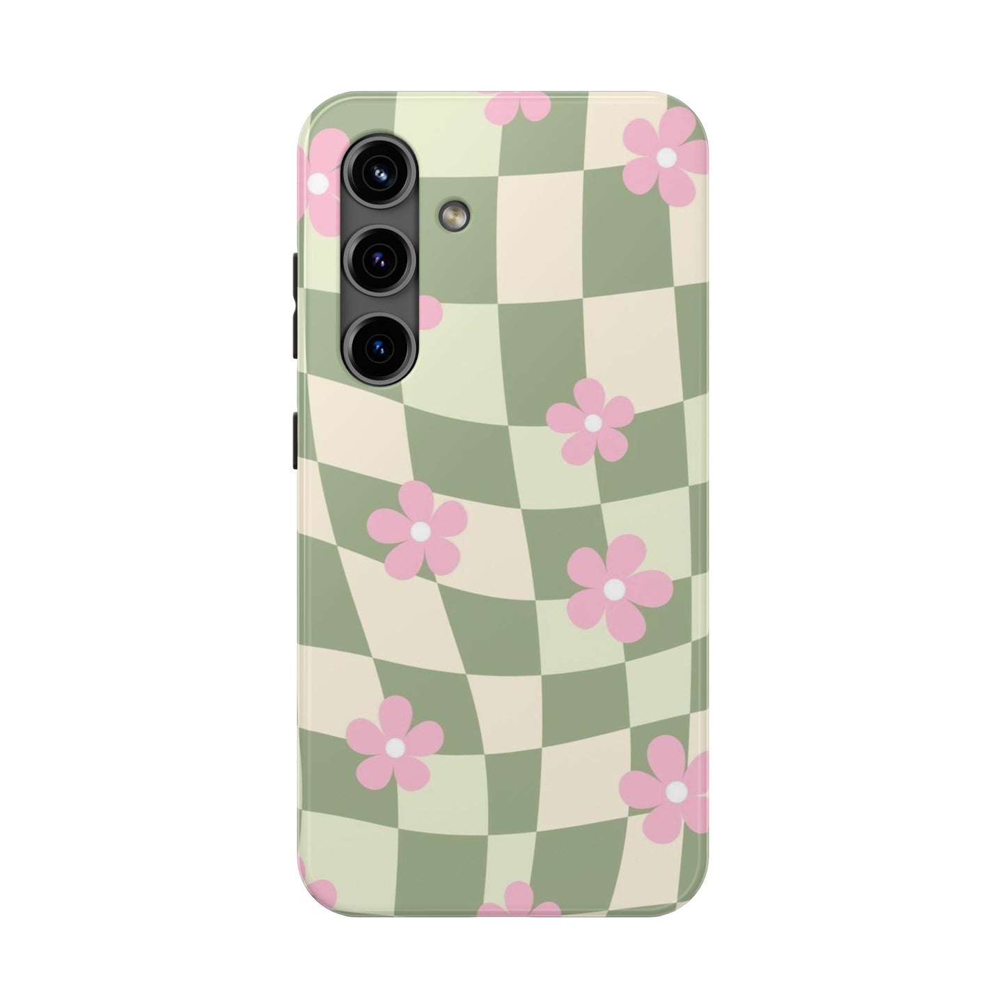 Tough Phone Case — Retro Green Checkerboard with Pink Flowers