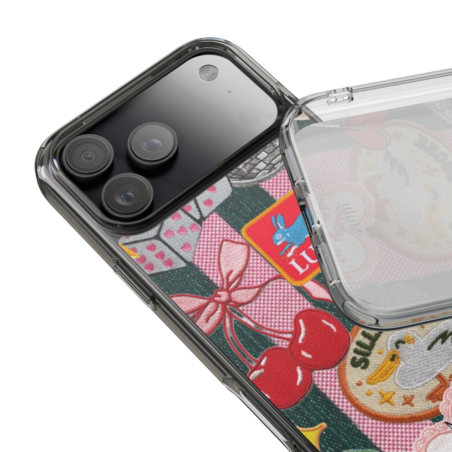Clear Impact-Resistant Phone Case — Retro Patchwork Stickers (Lucky, Cherries, Silly Goose)