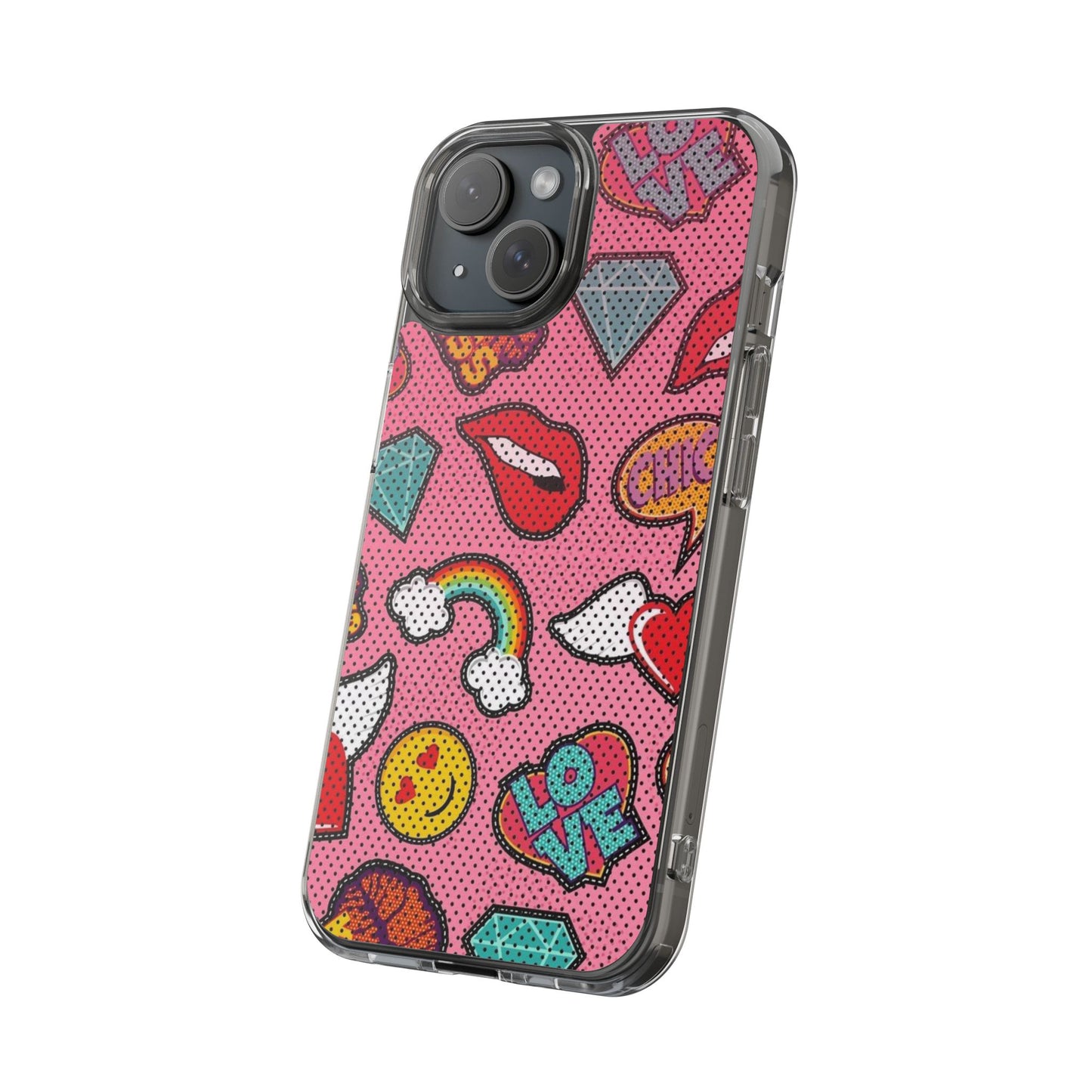 Clear Impact-Resistant Phone Case — Pink Pop Sticker Pattern (Hearts, Rainbows, Smileys)