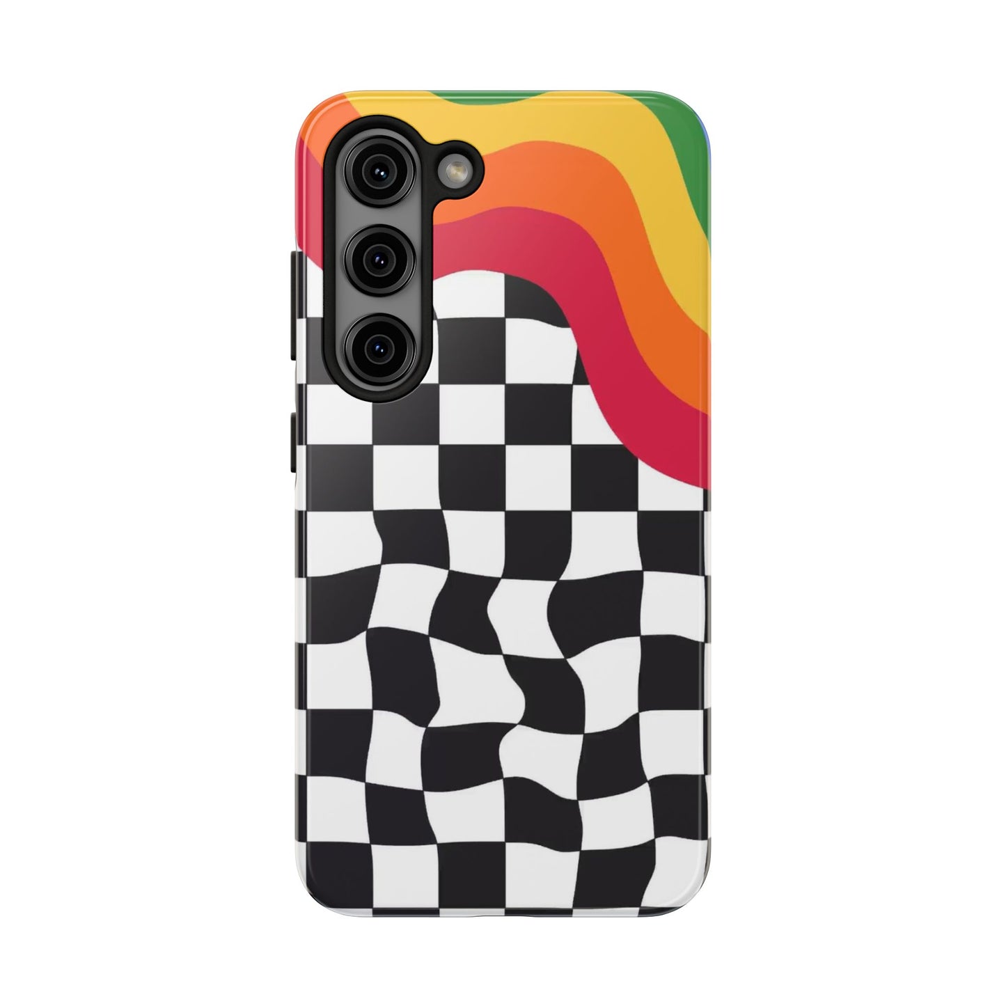 Retro Wavy Checkerboard Tough Phone Case — Rainbow Surf Skate Design