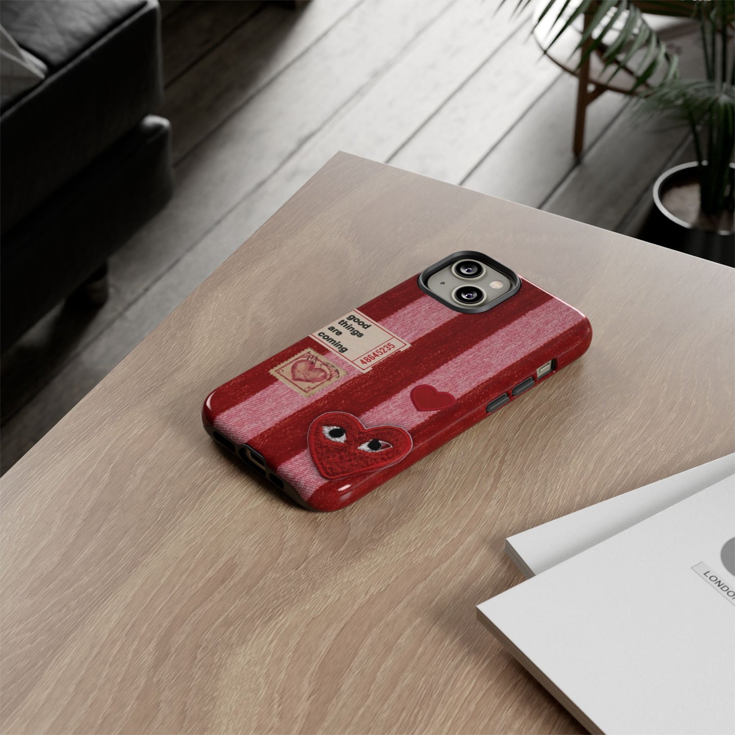 Phone Case — Red Striped Heart Design with “Good Things Are Coming”