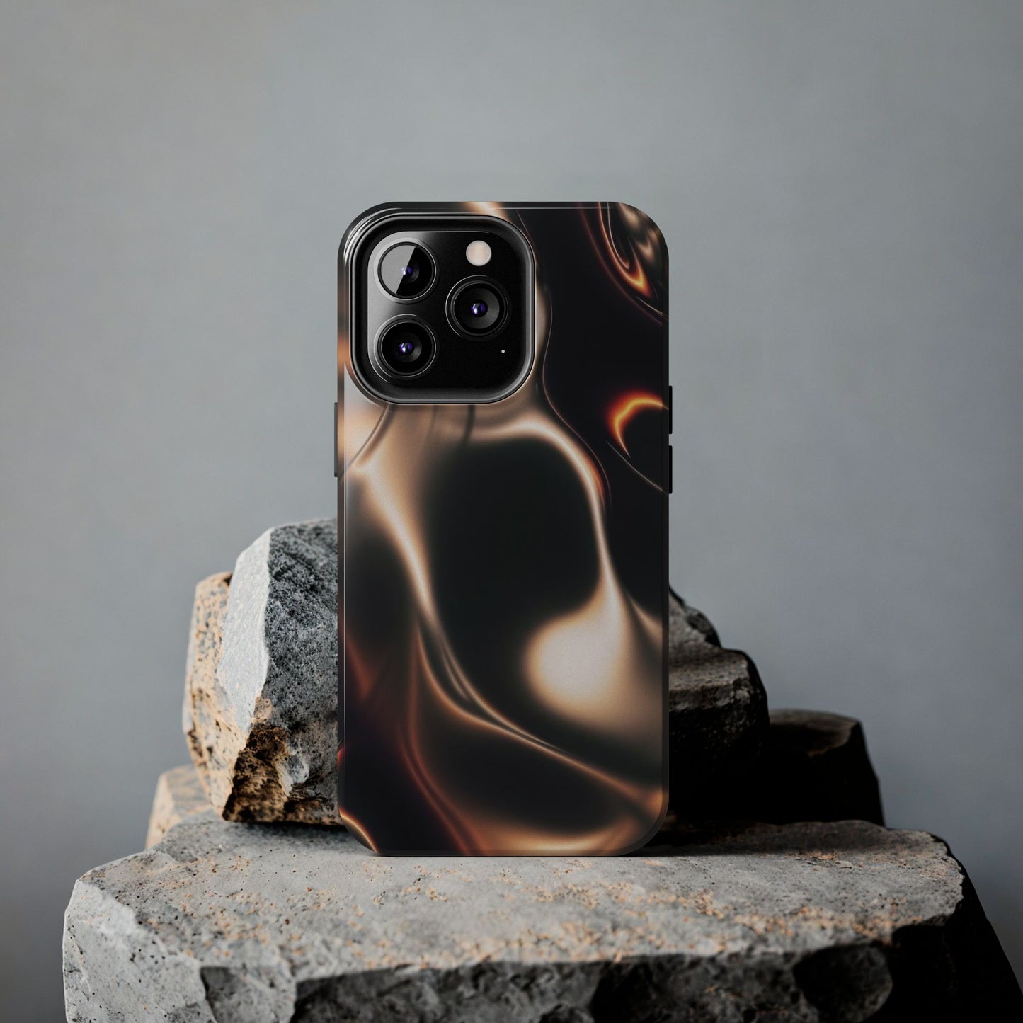 Abstract Liquid Glow Tough Phone Case — Black & Bronze Swirl Protective Cover