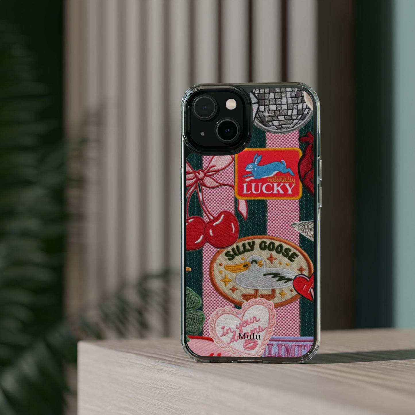 Clear Impact-Resistant Phone Case — Retro Patchwork Stickers (Lucky, Cherries, Silly Goose)