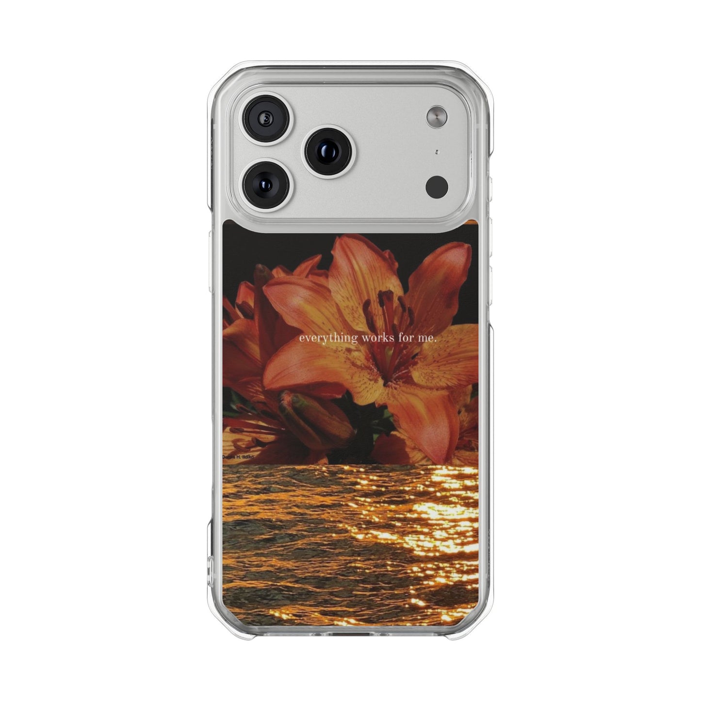 Clear Magnetic Phone Case — Sunset Lily Design ("anything waits for you")