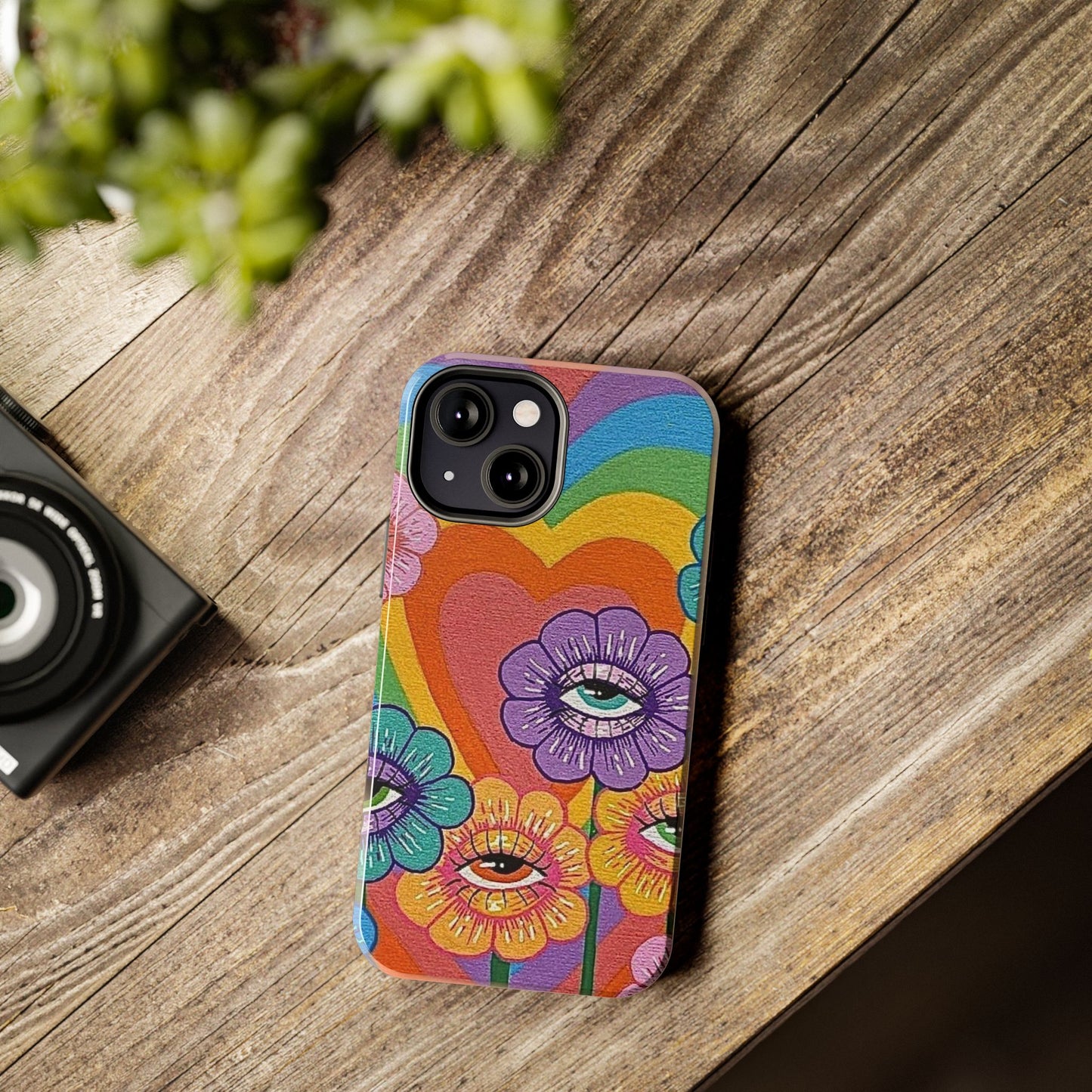 Psychedelic Eye Flower Tough Phone Case — Retro Rainbow Protective iPhone Cover