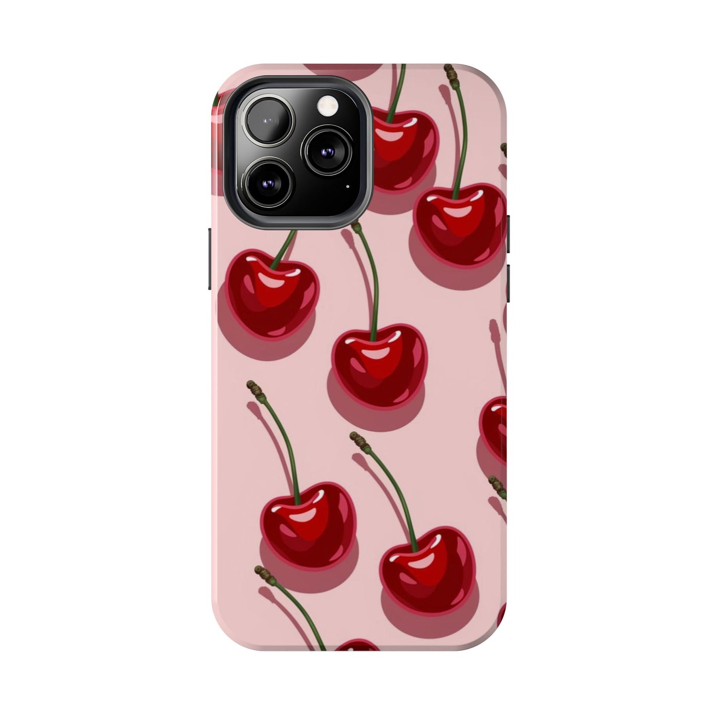 Cherry Pattern Tough Phone Case — Retro Pink Cherry Print Protective Phone Case