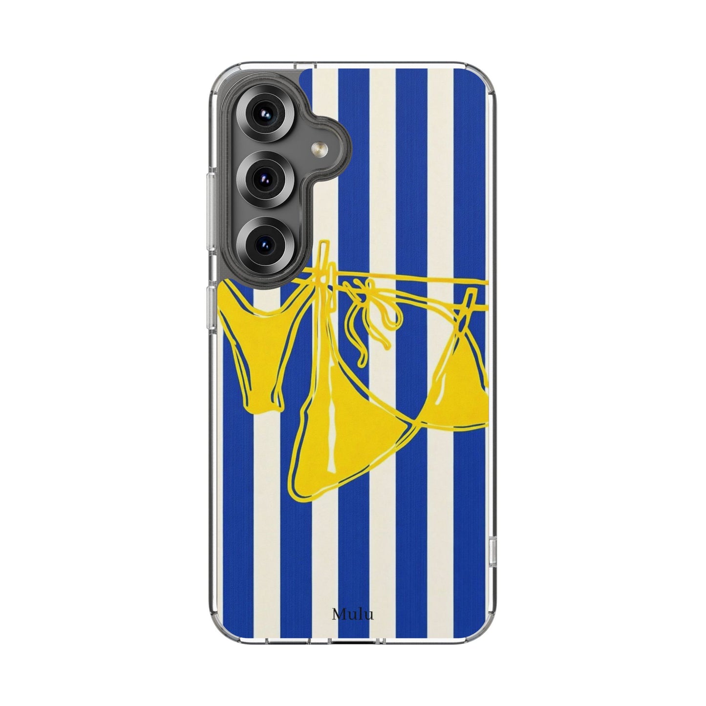 Striped Beach Bikini Phone Case — Yellow Swimwear on Blue & White Stripes, Clear Impact-Resistant