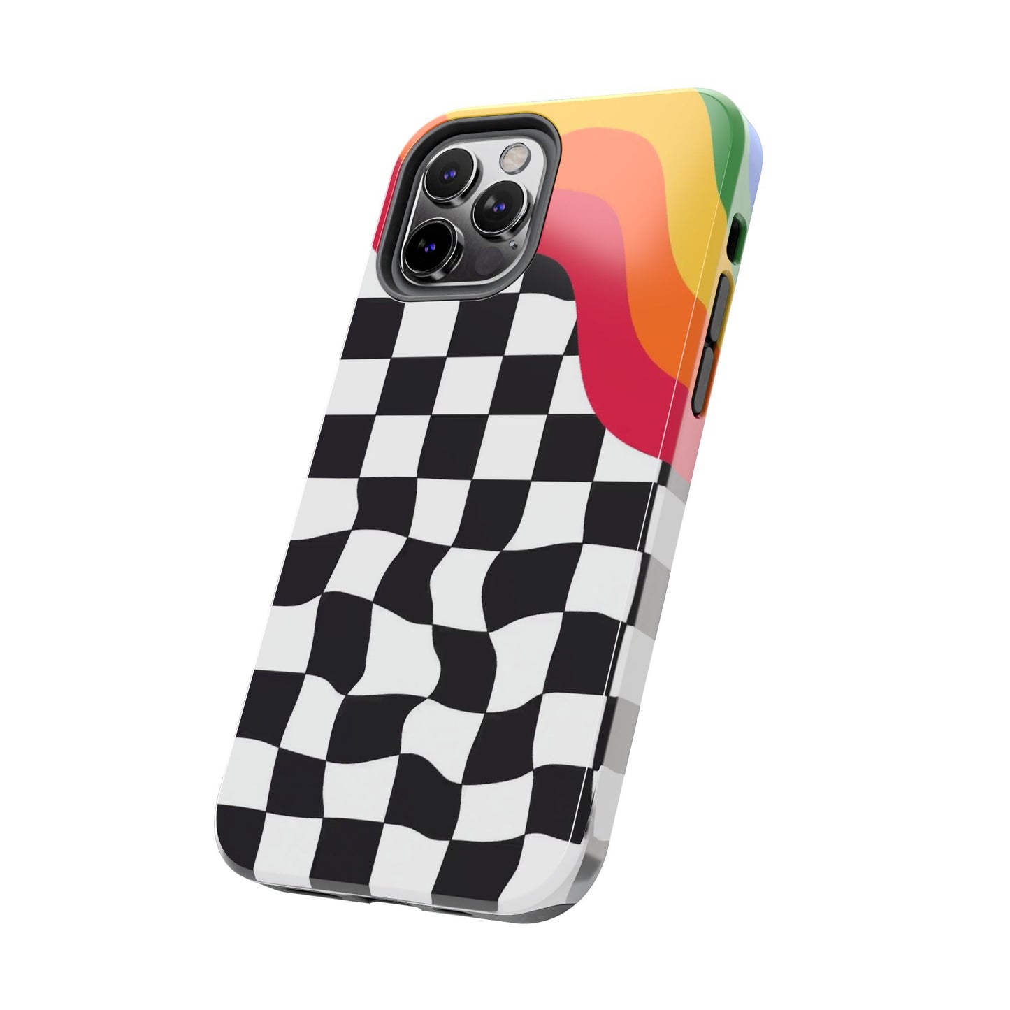 Retro Wavy Checkerboard Tough Phone Case — Rainbow Surf Skate Design