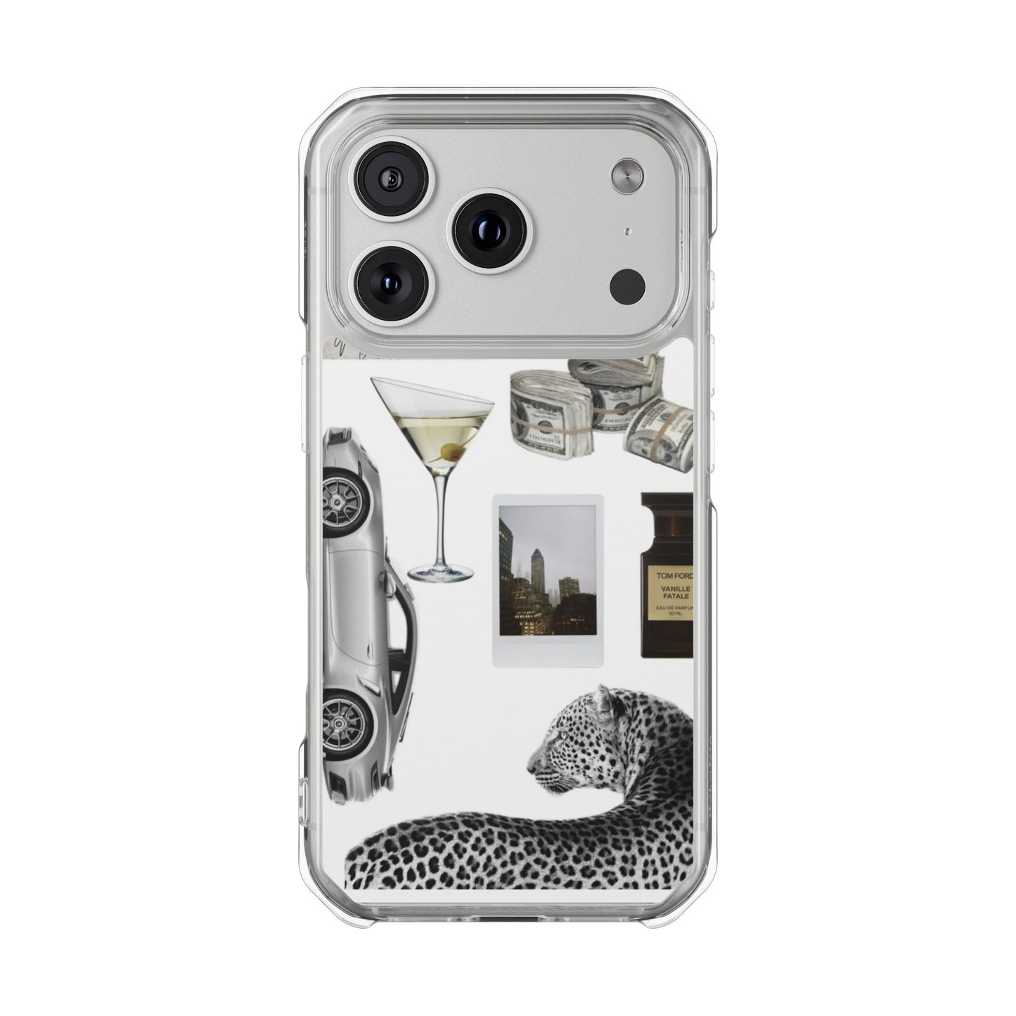 Clear Impact Phone Case — Luxe Collage (Leopard, Martini, Coffee & Vintage Car)