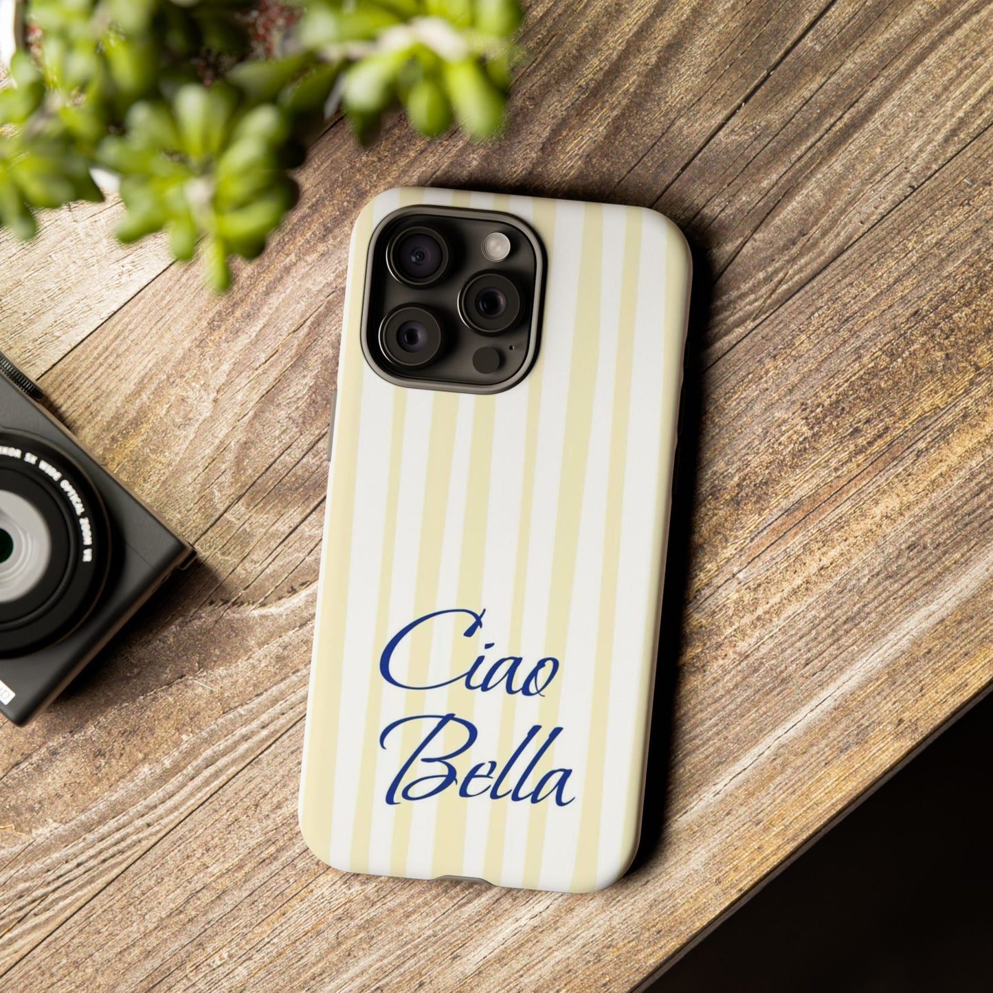 Ciao Bella Phone Case – Striped Elegant Italian Script Protective Cover