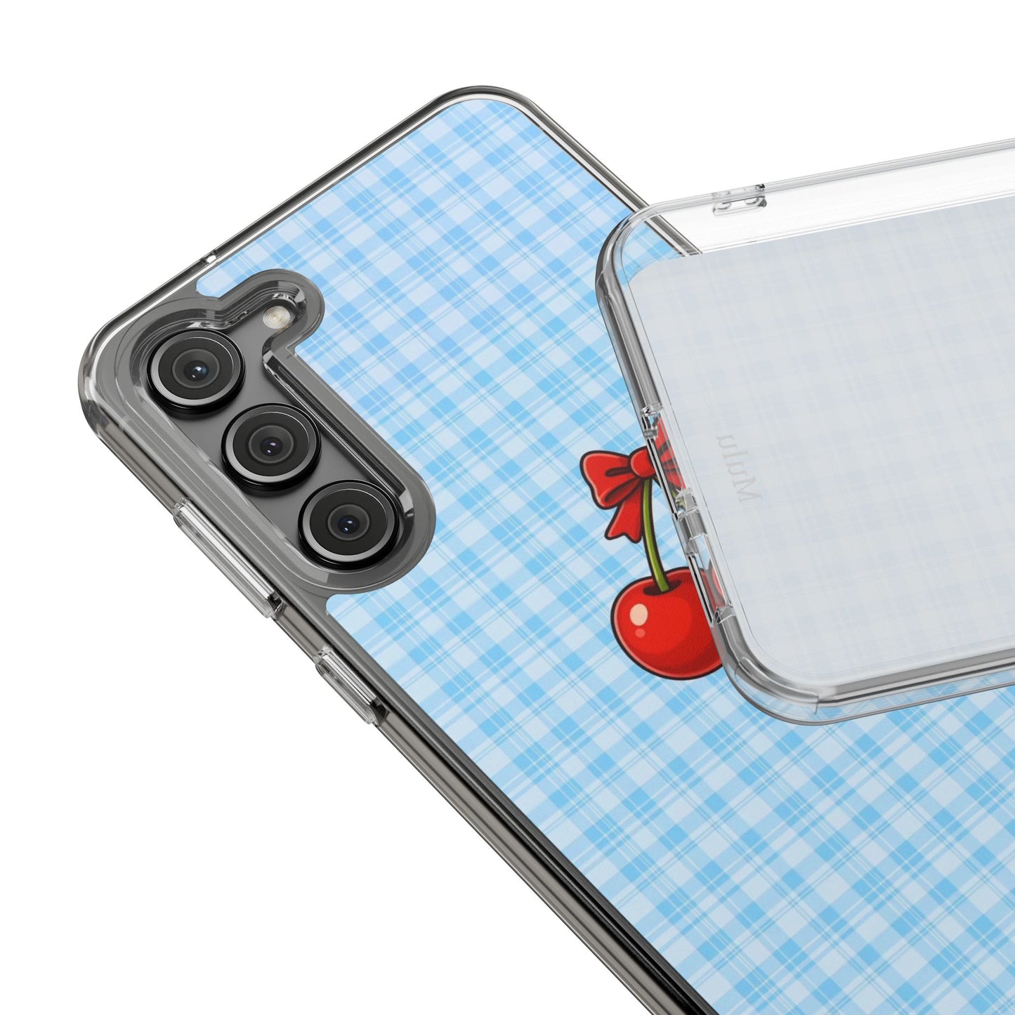 Clear Cherry Gingham Phone Case — Impact-Resistant Clear Case with Red Cherry Design