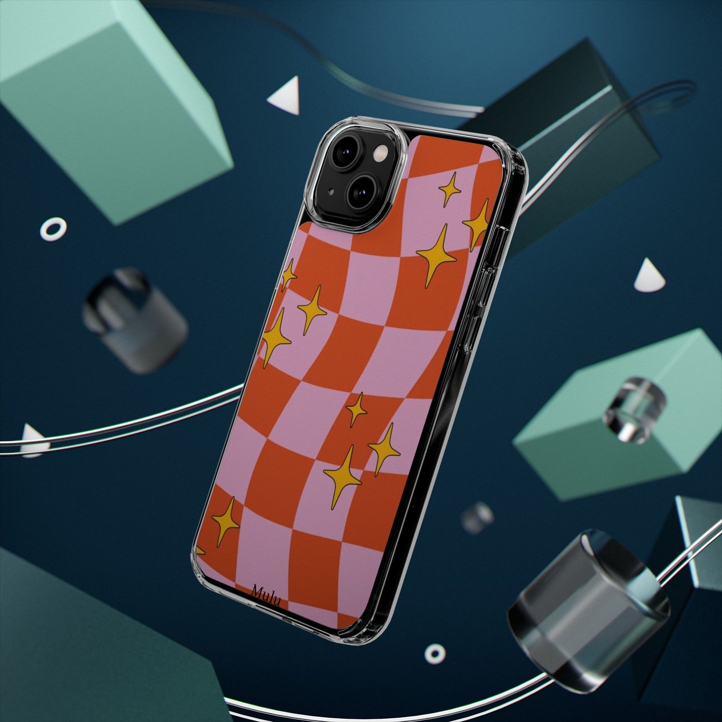 Clear Impact-Resistant Case — Retro Pink & Orange Checker with Sparkle Stars