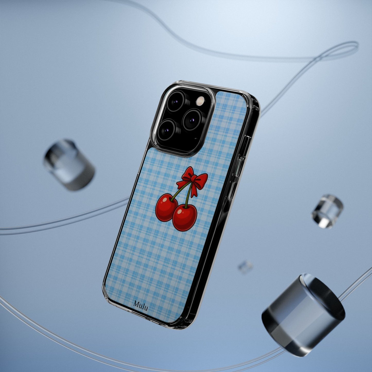 Clear Cherry Gingham Phone Case — Impact-Resistant Clear Case with Red Cherry Design
