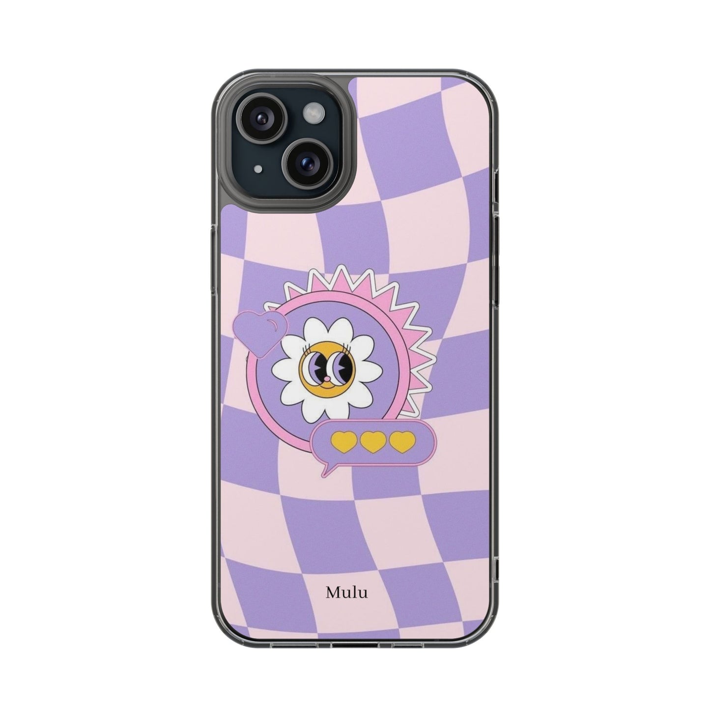 Clear Impact-Resistant Case — Cute Purple Checkerboard Dino with 'Mulu'