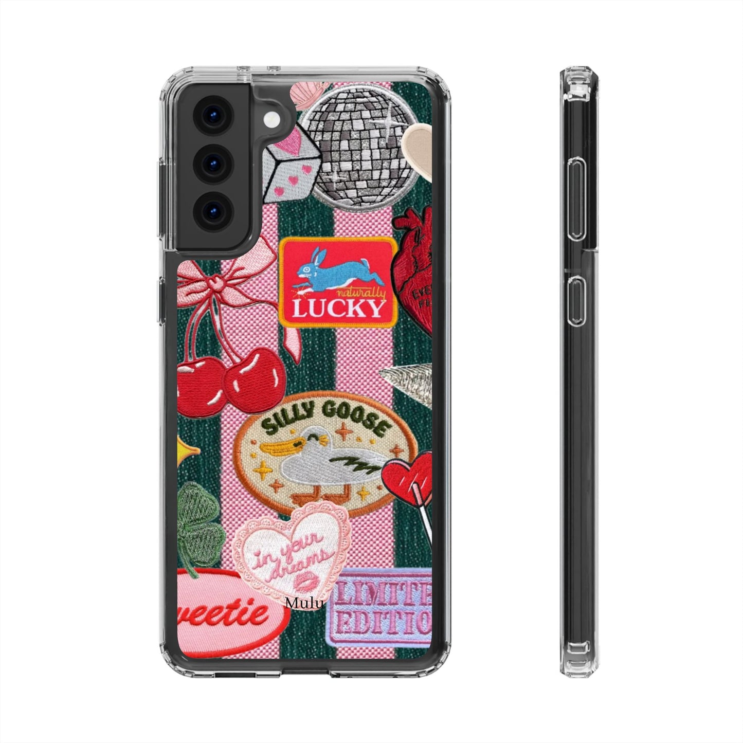 Clear Impact-Resistant Phone Case — Retro Patchwork Stickers (Lucky, Cherries, Silly Goose)