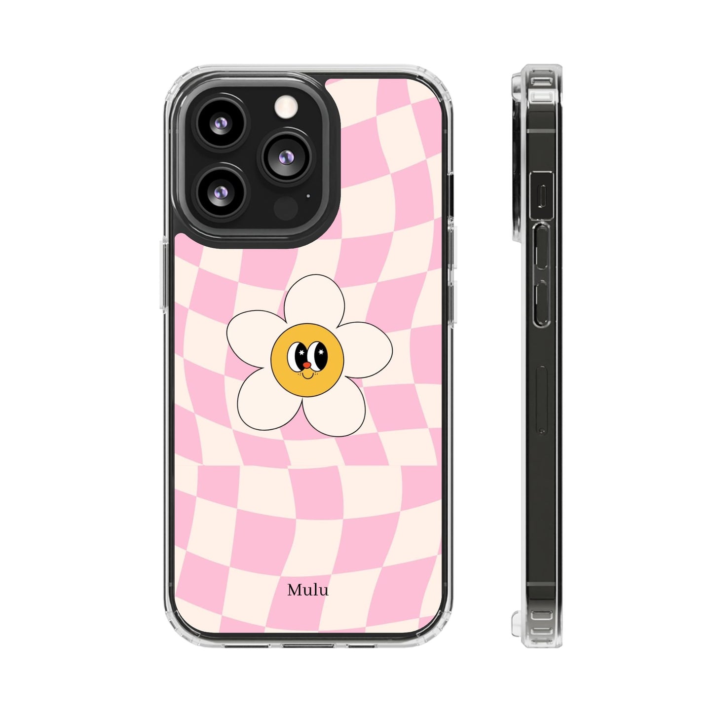 Clear Impact-Resistant Phone Case — Pink Checkerboard Daisy Design