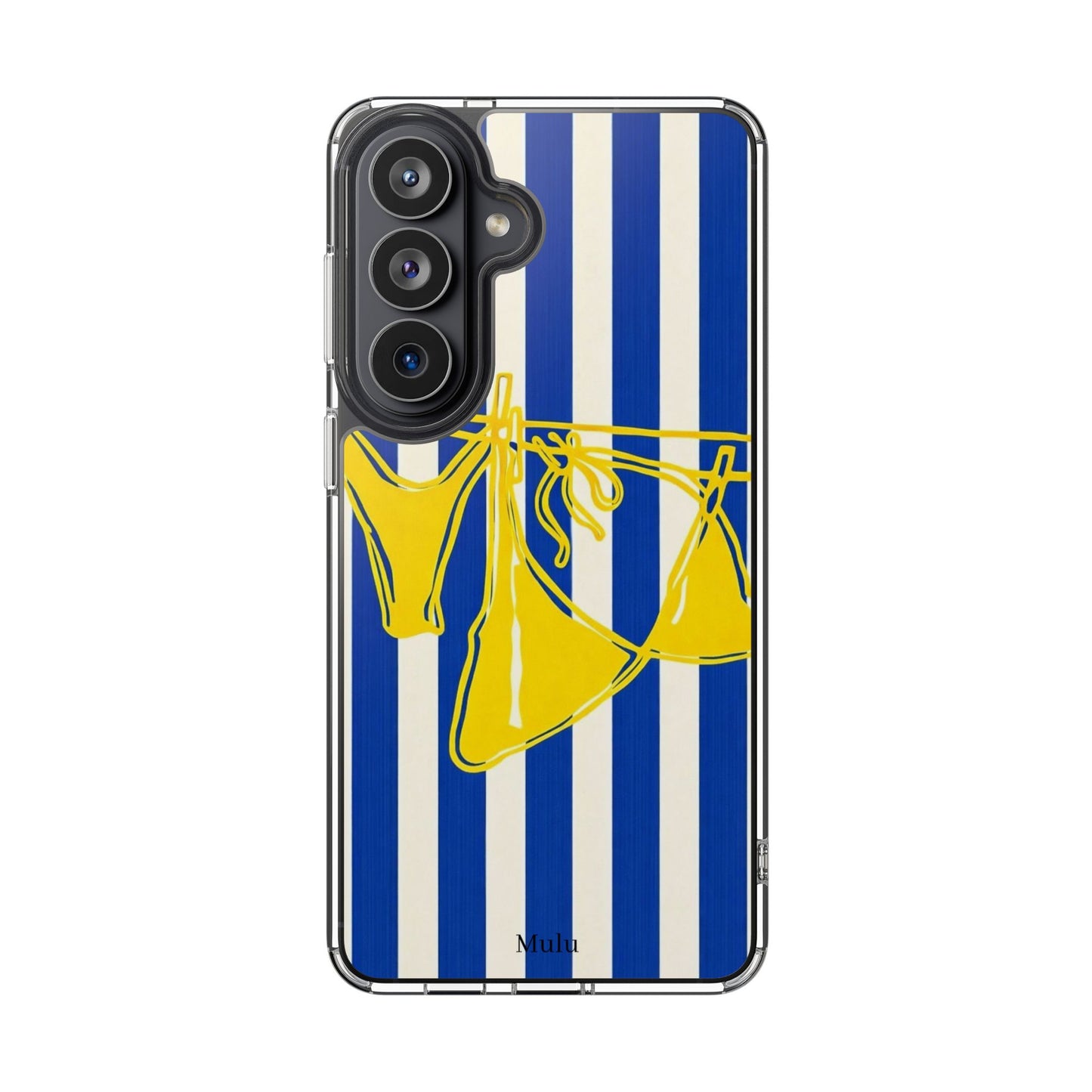 Striped Beach Bikini Phone Case — Yellow Swimwear on Blue & White Stripes, Clear Impact-Resistant