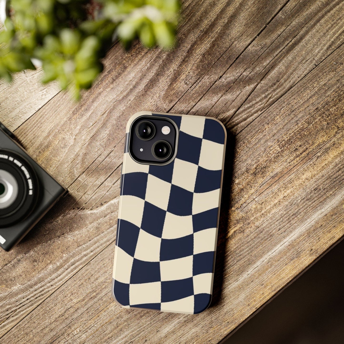 Wavy Checkerboard Tough Phone Case — Navy & Cream Protective Cover