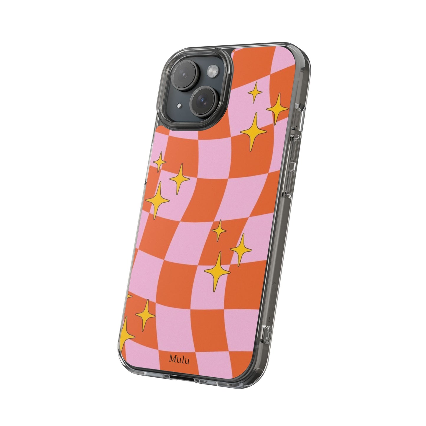 Clear Impact-Resistant Case — Retro Pink & Orange Checker with Sparkle Stars