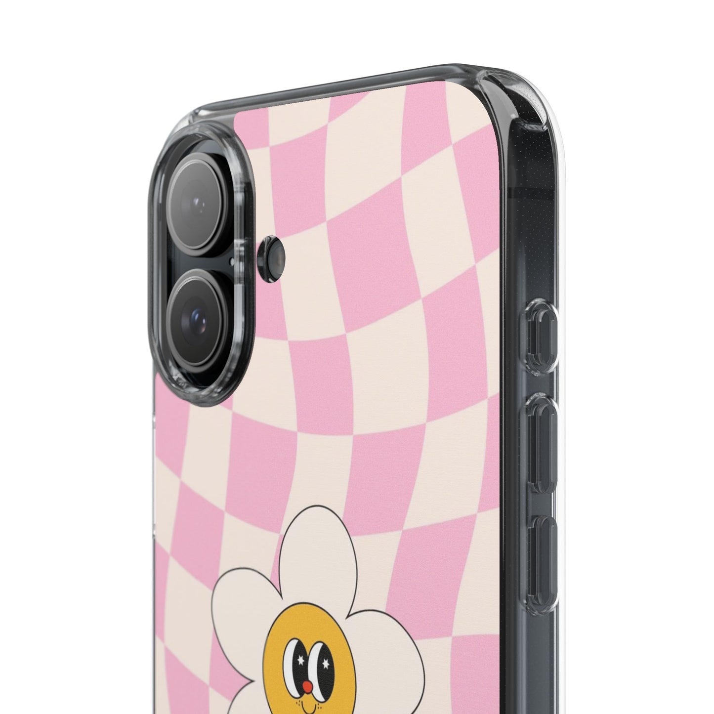 Clear Impact-Resistant Phone Case — Pink Checkerboard Daisy Design