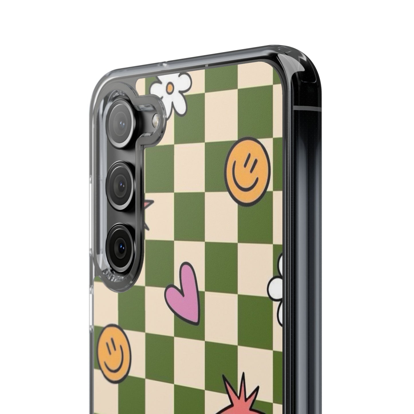 Clear Impact-Resistant Case — Retro Green Checkerboard with Smiley, Hearts & Flowers