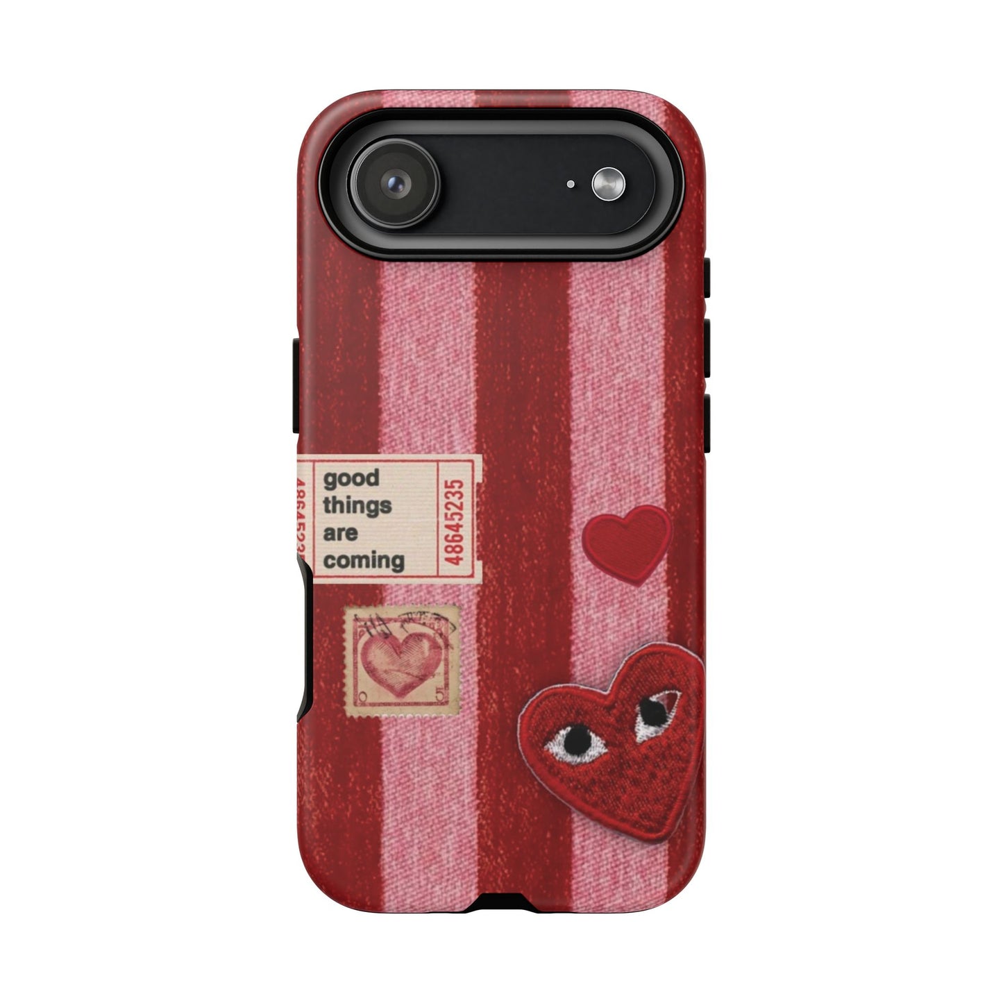 Phone Case — Red Striped Heart Design with “Good Things Are Coming”