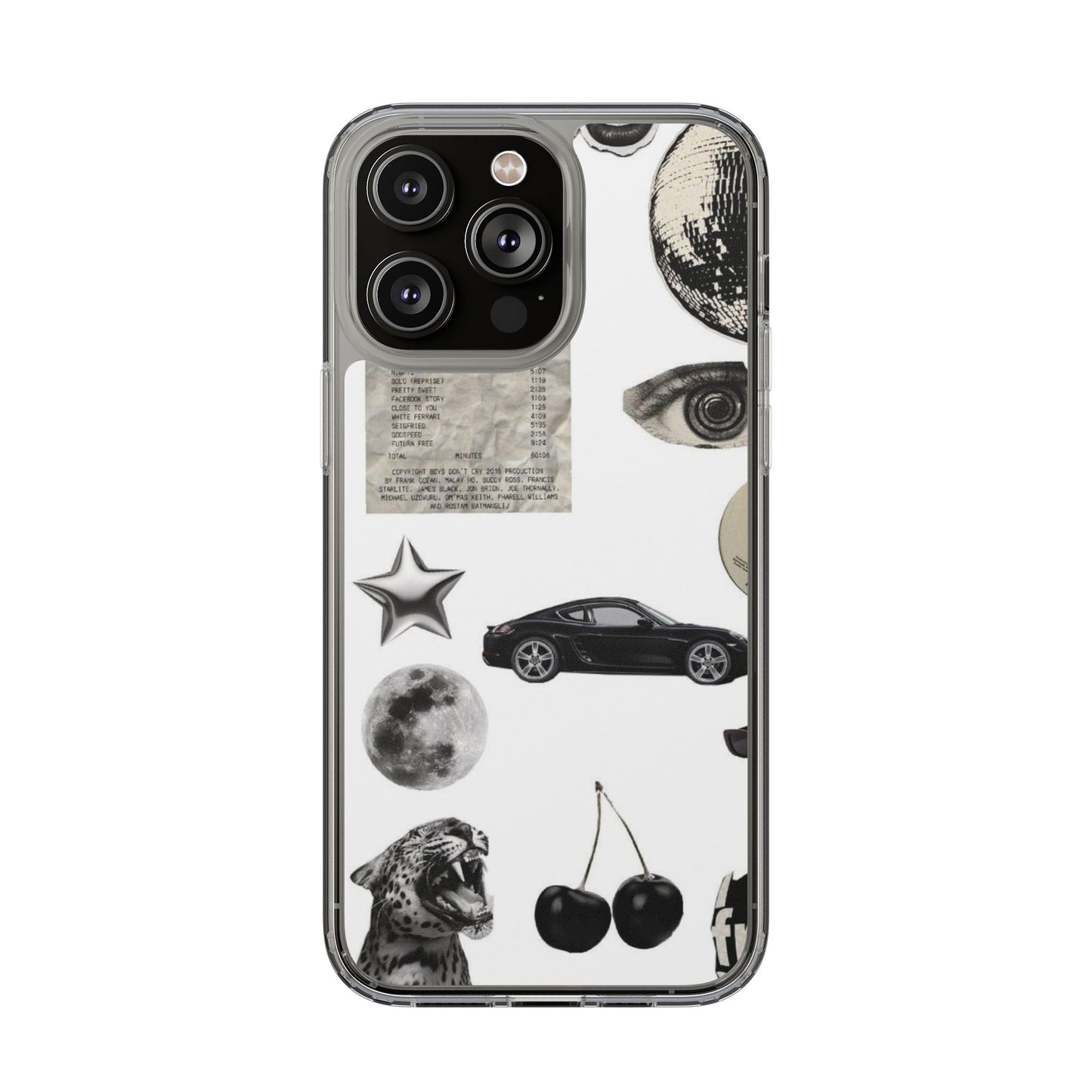 Clear Phone Case — Vintage Collage Stickers (Moon, Eye, Car, Cherries)