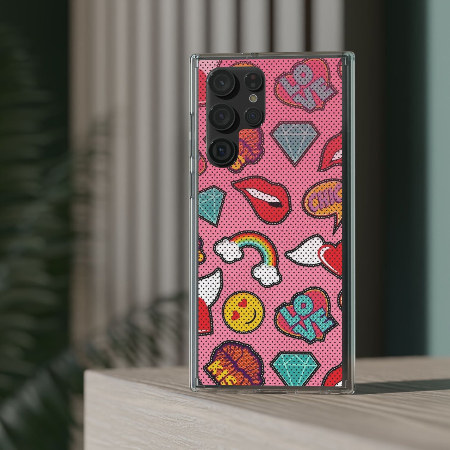 Clear Impact-Resistant Phone Case — Pink Pop Sticker Pattern (Hearts, Rainbows, Smileys)