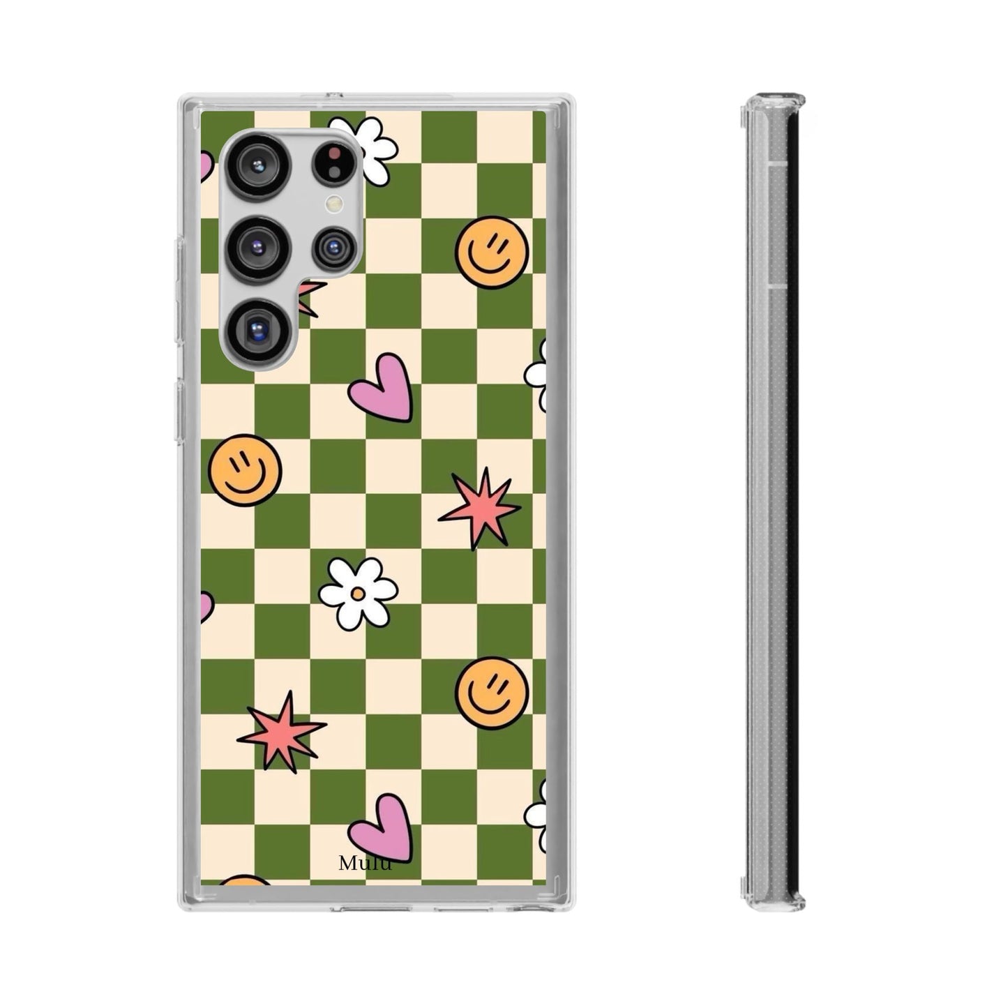 Clear Impact-Resistant Case — Retro Green Checkerboard with Smiley, Hearts & Flowers