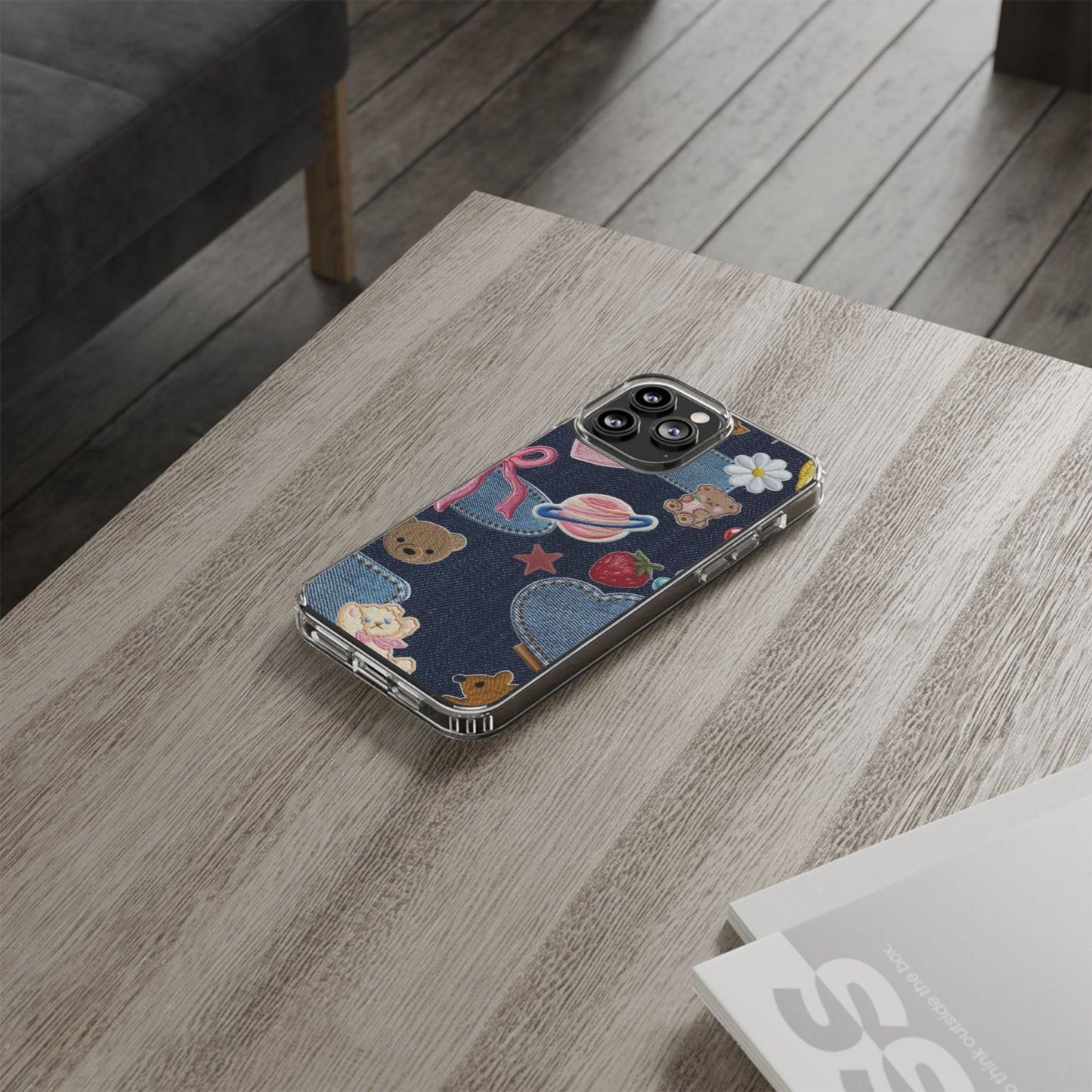 Clear Impact-Resistant Phone Case — Cute Denim Patch Collage (Teddy, Strawberry, Planet)