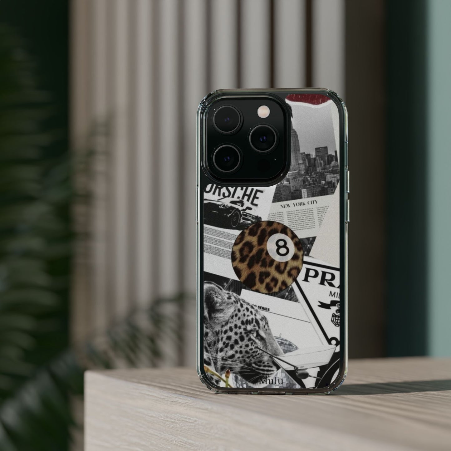 Clear Impact-Resistant Phone Case — Collage Luxury Leopard & Vintage Car Design