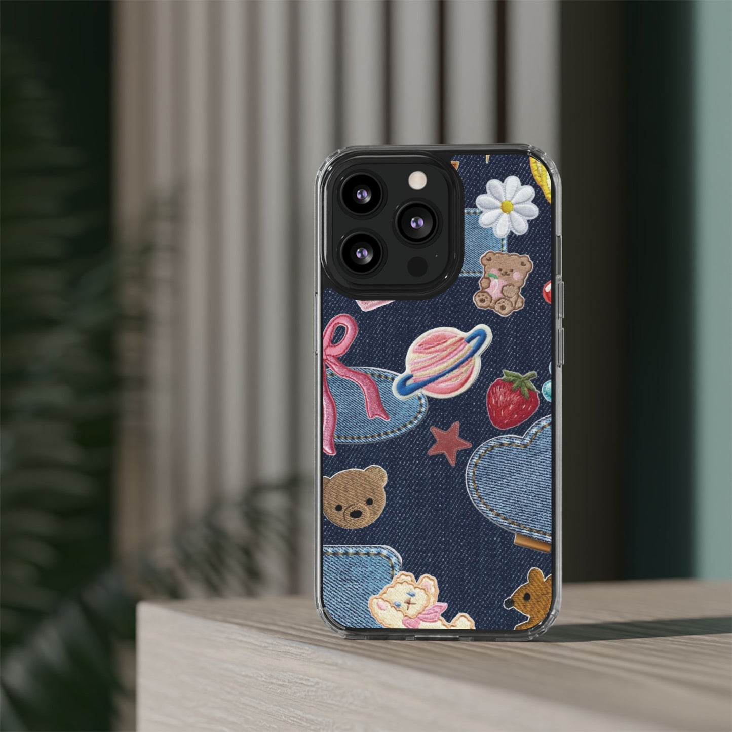 Clear Impact-Resistant Phone Case — Cute Denim Patch Collage (Teddy, Strawberry, Planet)