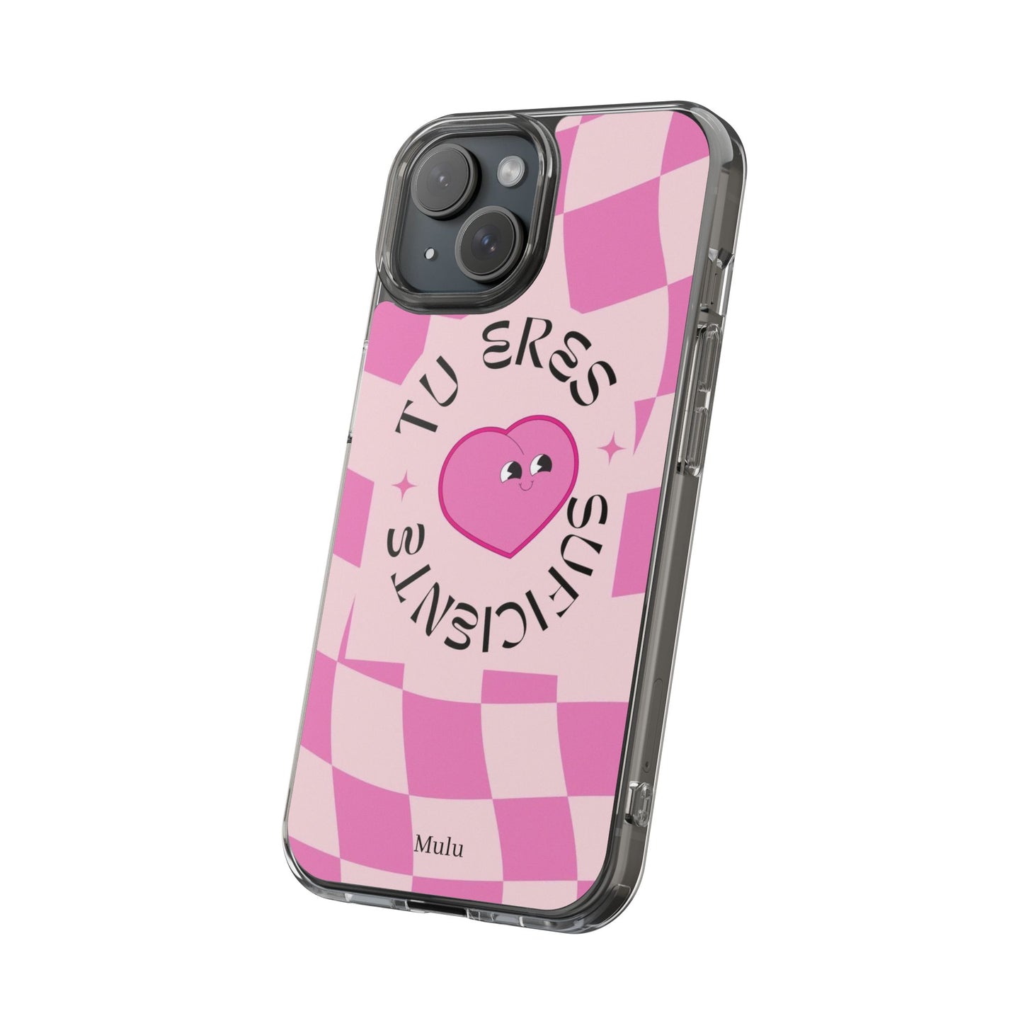 Clear Impact-Resistant Phone Case — Pink Checkerheart “Tu Eres Suficiente” Design