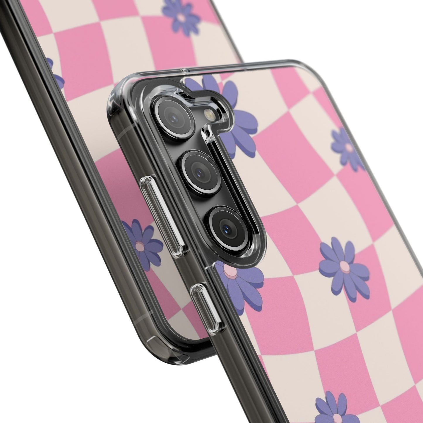 Clear Impact Phone Case — Pink Checkerboard with Purple Flowers