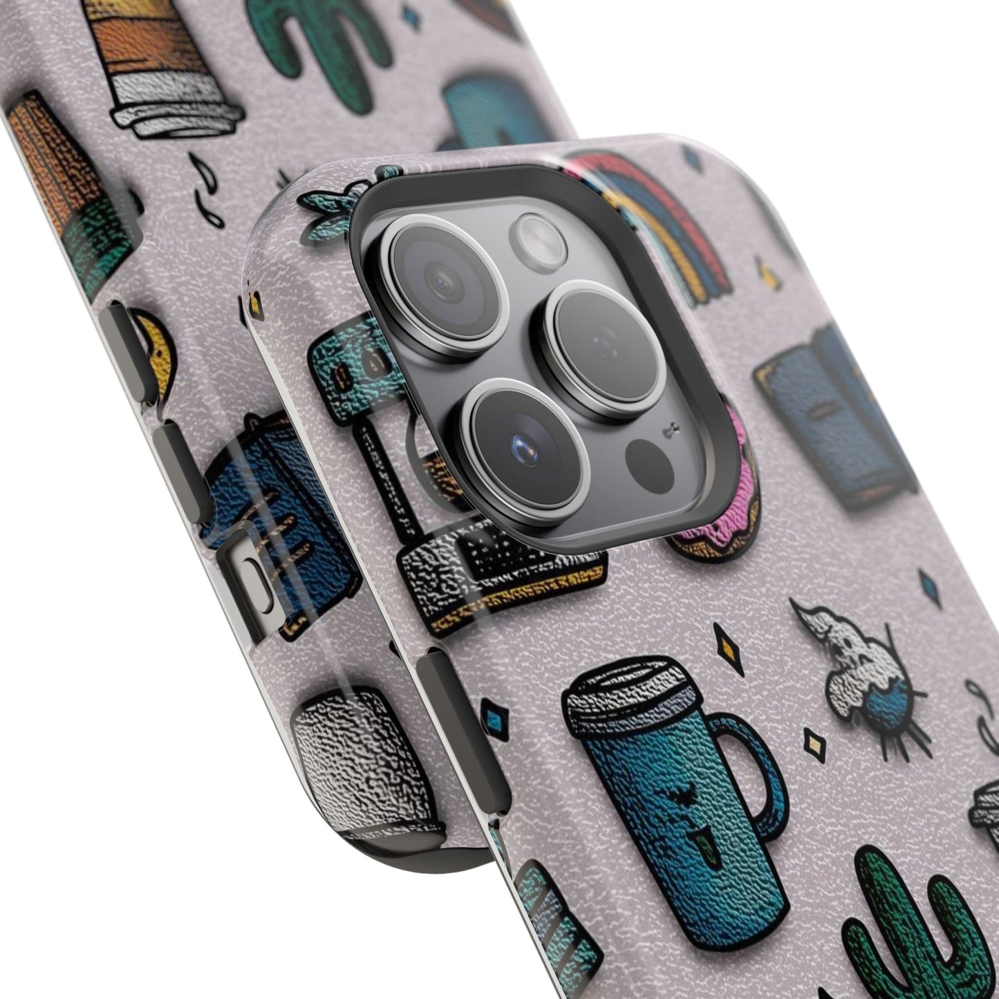 Cute Doodle Phone Case — Magnetic Impact-Resistant Design (coffee, rainbow, cactus)