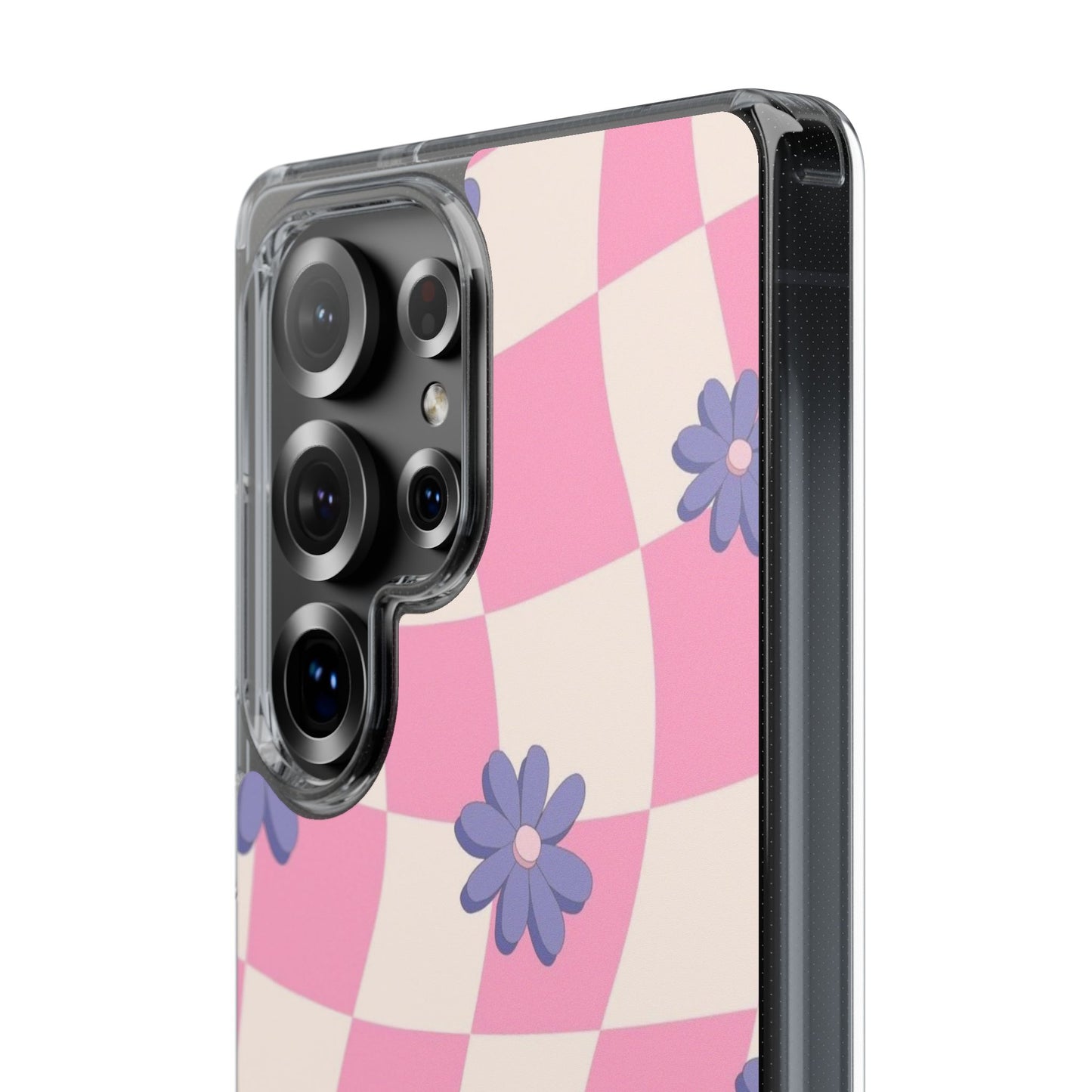 Clear Impact Phone Case — Pink Checkerboard with Purple Flowers