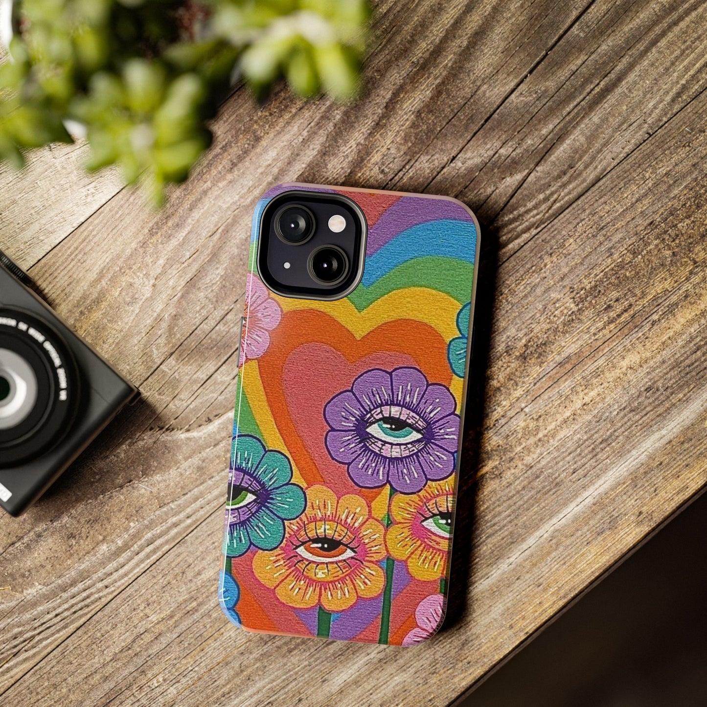 Psychedelic Eye Flower Tough Phone Case — Retro Rainbow Protective iPhone Cover