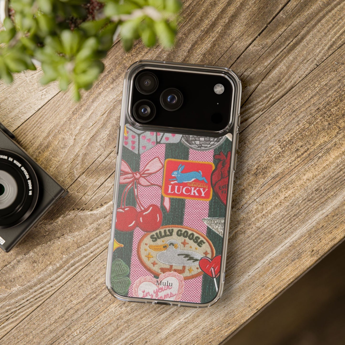 Clear Impact-Resistant Phone Case — Retro Patchwork Stickers (Lucky, Cherries, Silly Goose)