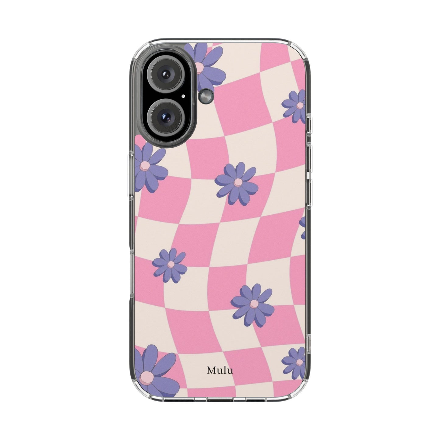 Clear Impact Phone Case — Pink Checkerboard with Purple Flowers
