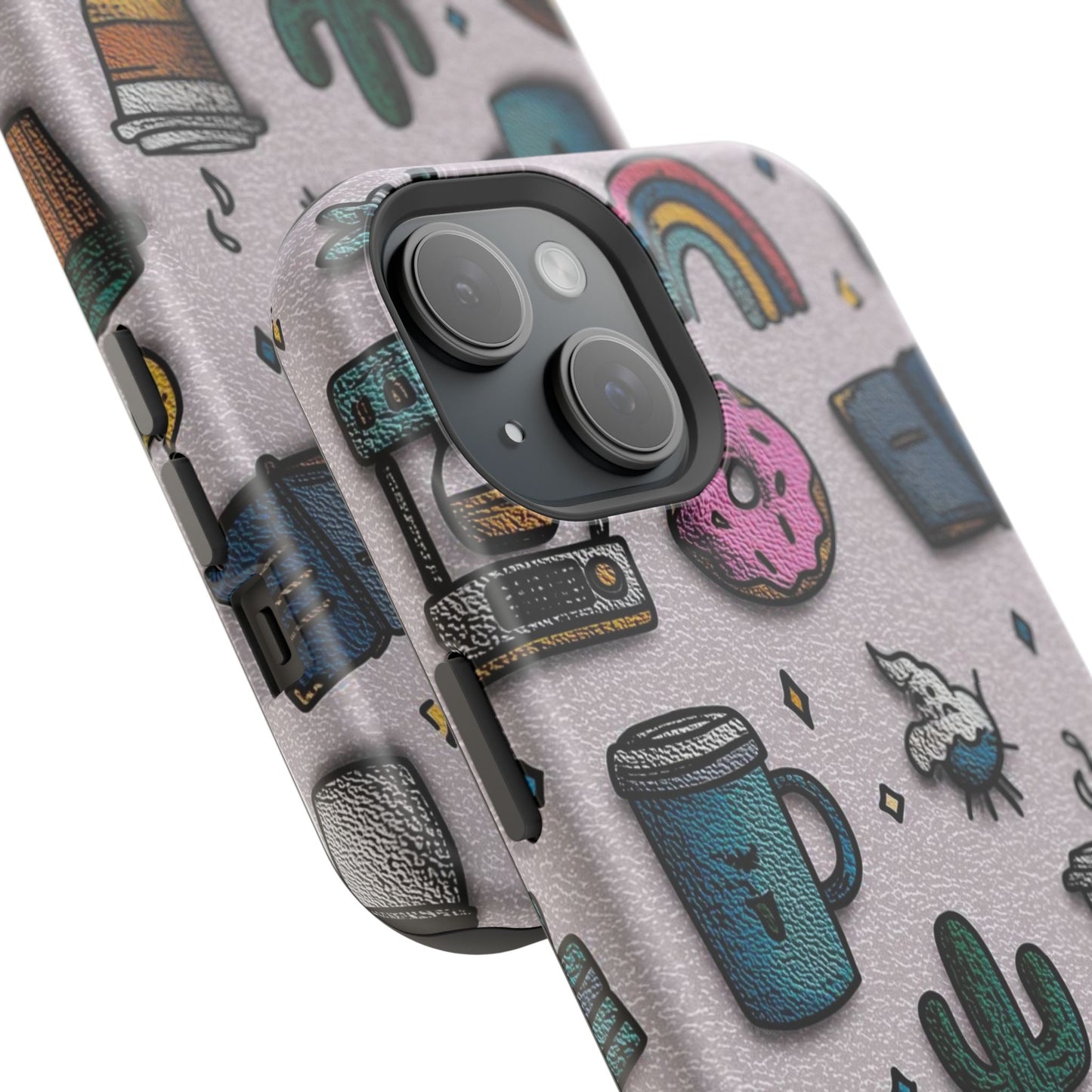 Cute Doodle Phone Case — Magnetic Impact-Resistant Design (coffee, rainbow, cactus)