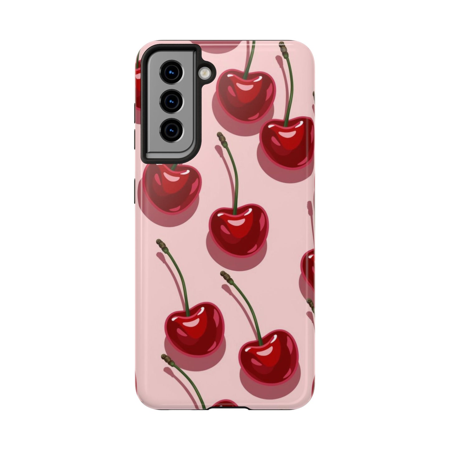 Cherry Pattern Tough Phone Case — Retro Pink Cherry Print Protective Phone Case