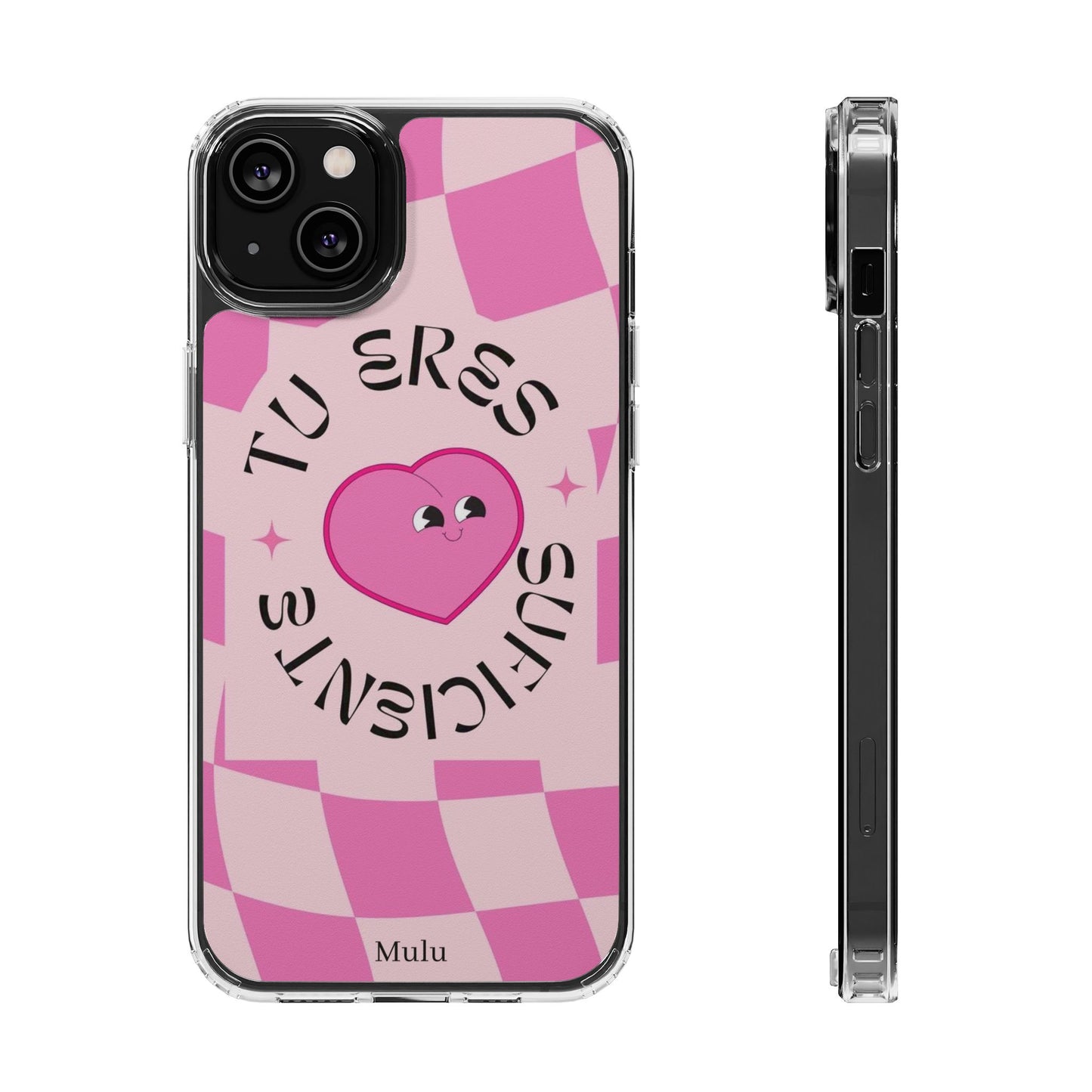 Clear Impact-Resistant Phone Case — Pink Checkerheart “Tu Eres Suficiente” Design