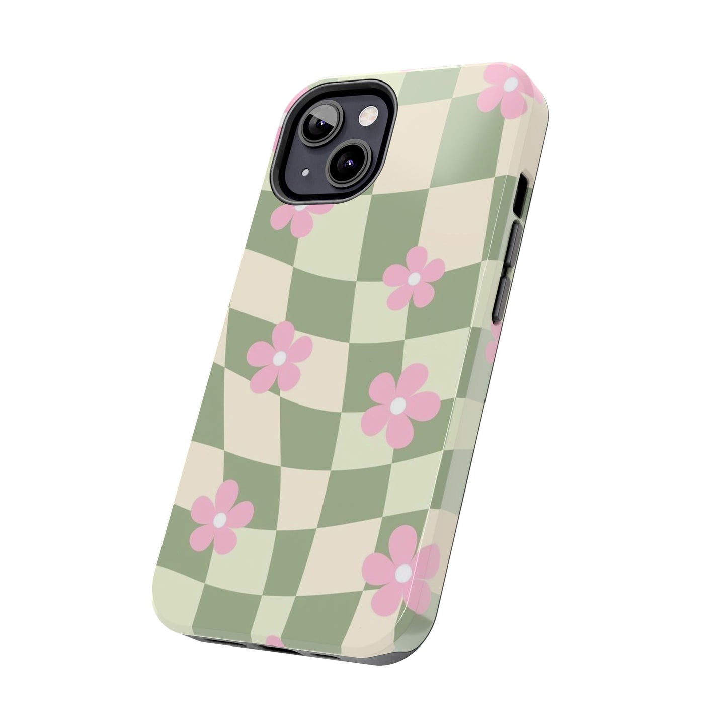 Tough Phone Case — Retro Green Checkerboard with Pink Flowers