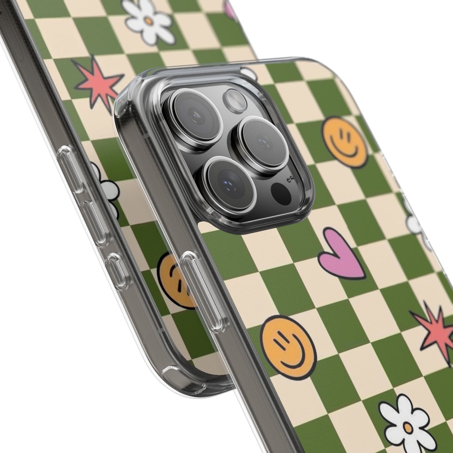 Clear Impact-Resistant Case — Retro Green Checkerboard with Smiley, Hearts & Flowers