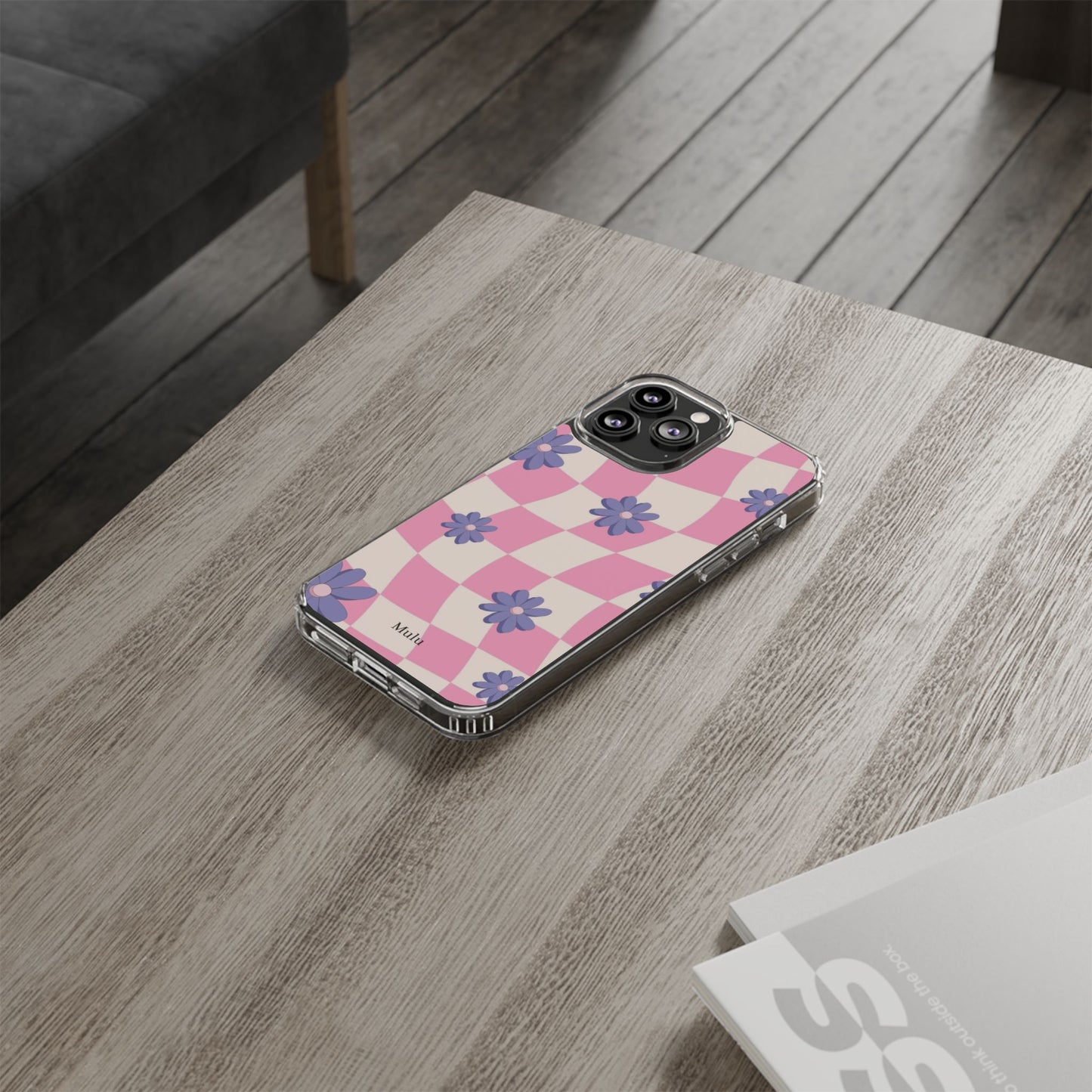 Clear Impact Phone Case — Pink Checkerboard with Purple Flowers