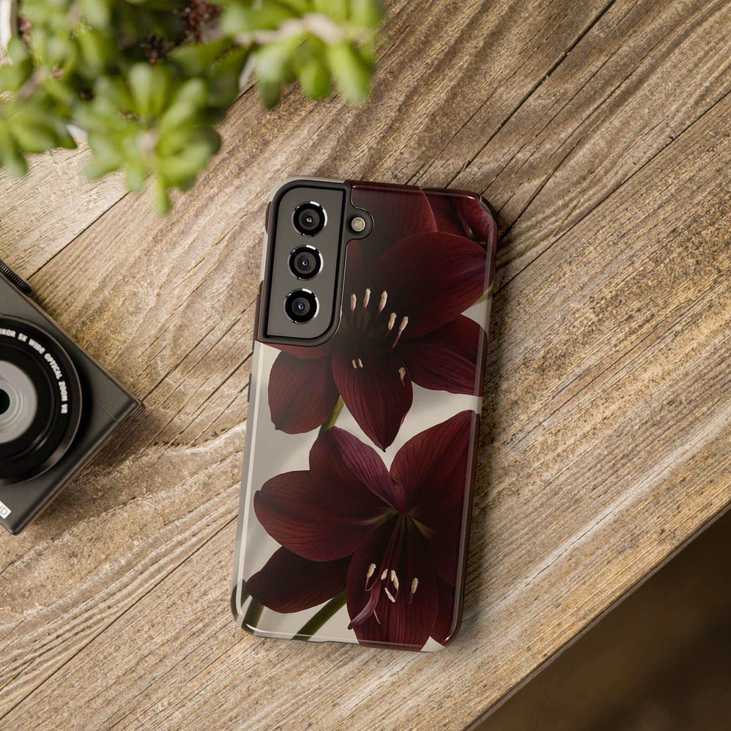 Amaryllis Noir Tough Phone Case — Dark Burgundy Floral Protective Cover