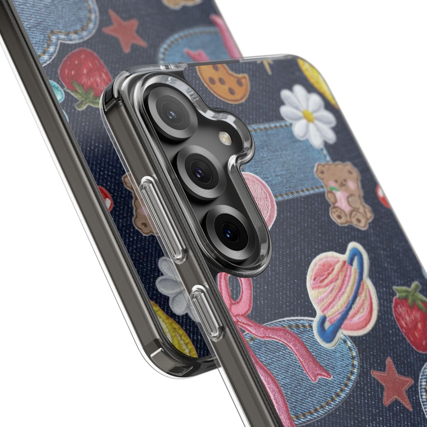 Clear Impact-Resistant Phone Case — Cute Denim Patch Collage (Teddy, Strawberry, Planet)